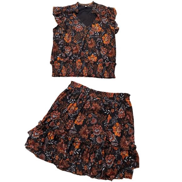 Evereve Tinslee Mesh Floral Ruffled Top Mini Skirt 2 PC Set Dark Fairy, XL - Picture 1 of 9